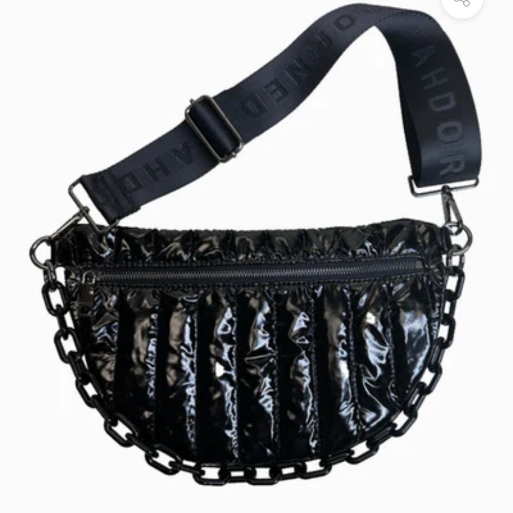 Shiny black Crossbody Fanny with black chain and thick Crossbody strap.